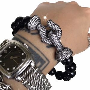 Genuine shinny onyx gemstones beads with black rodhium cz hook clasp bracelet